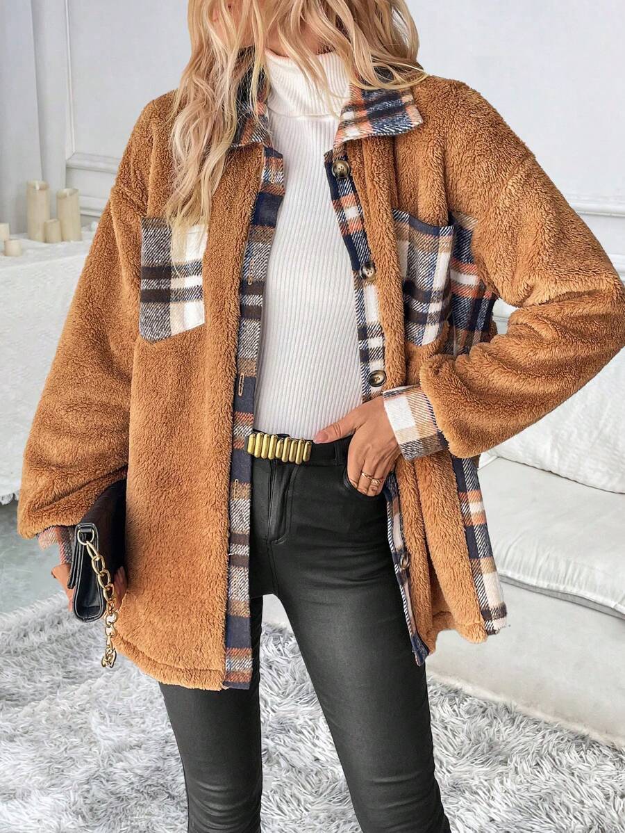 SHEIN LUNE Women's Plaid Print Pocket Teddy Bear Design Button Closure Long Sleeve Jacket - Brown - View 1