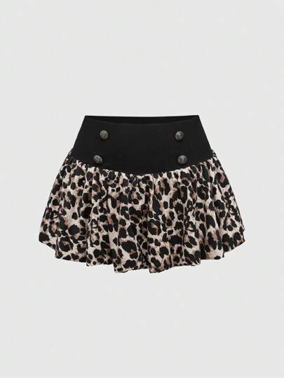 Kawaii Falda minifalda de corte bajo con volantes y patchwork con estampado de leopardo en estilo Y2K Harajuku para mujer