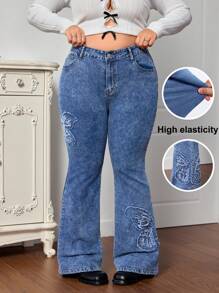 SHEIN MOD Plus Size Flared Jeans With Bowknot Decor, Stretchy & Skinny, Blue