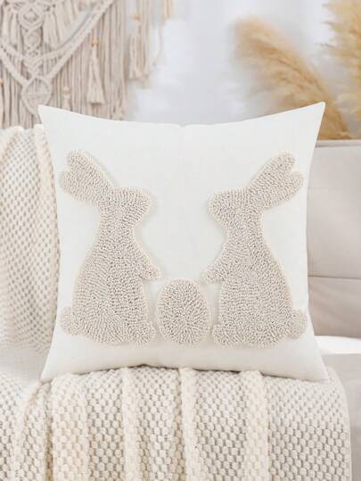 1 pieza Funda de cojín decorativo de Pascua con bordado de conejo de peluche, material de lona, decoración de otoño, decoración de otoño, decoración de habitación