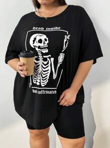 SHEIN CURVE+ Plus Size Skull & Letter Printed T-Shirt