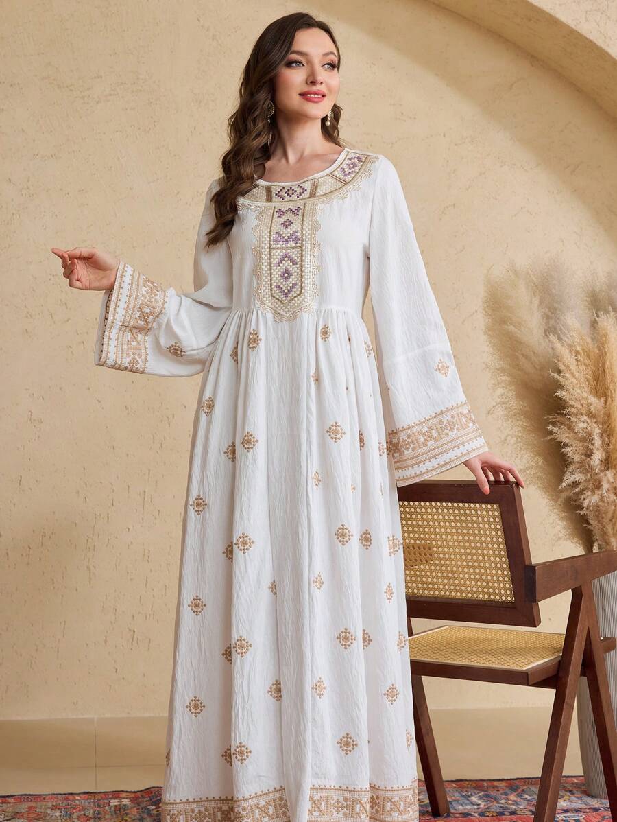 Al Najma Women's Embroidered Bell Sleeve Arabic Style Dress, Arabian Dresses, Modest Kaftan - White - View 1