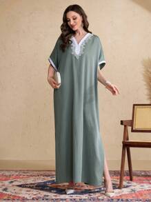 Al Najma V 领编织饰边肩袖女式土耳其连衣裙 - 綠色 - 查看 5