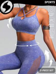 Innovista Women Washed Distressed Halter Neck Top & Hollow-Out Leggings Sports Set - Purple - View 12