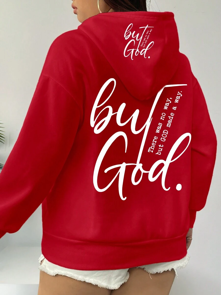 SHEIN 大码女式但上帝没有办法但上帝创造了一种方法基督教套头连帽运动衫新年服装 - 紅色 - 查看 1