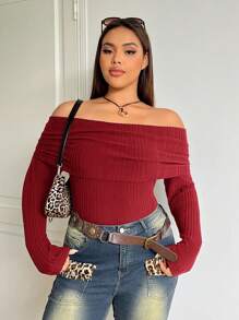 SHEIN EZwear 情人节，大码女式单肩长袖罗纹针织休闲T恤，酒红色 - 酒紅色 - 查看 4