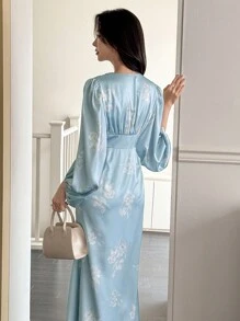 DAZY French Retro Exquisite Print V-Neck Gathered Waist Flare Sleeve Long Dress,Fall Dress
