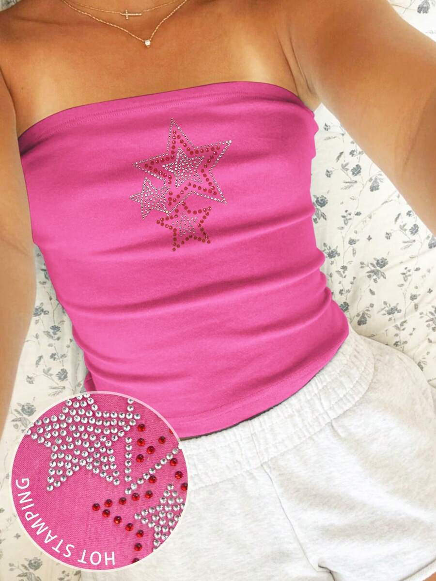 INAWLY 女士短款水钻星星图案抹胸上衣 - 玫紅色 - 查看 1