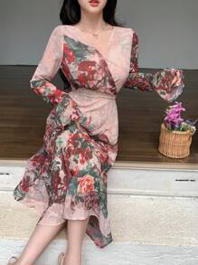 DAZY 女士 V 领花卉印花中长款系腰连衣裙，秋季服装长袖连衣裙