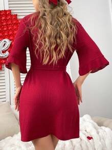 Solid Waffle Knit Curved Hem House Robe - Burgundy - View 2