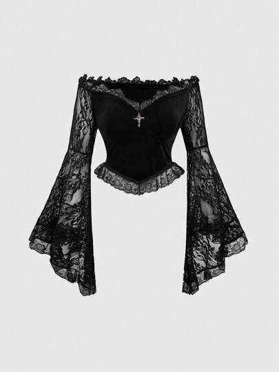 Gothic Off Shoulder Lace Bell Sleeve Velvet Fitted Women Top