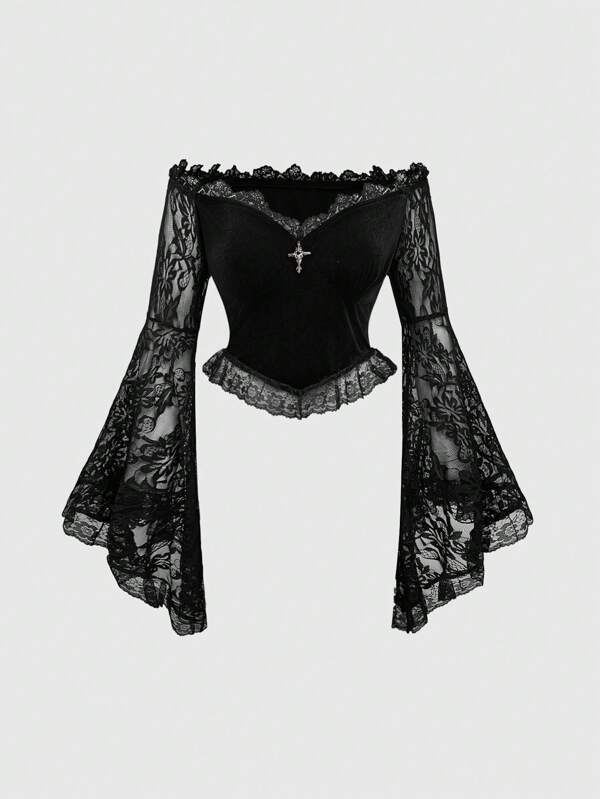ROMWE Goth Gothic Off Shoulder Lace Bell Sleeve Velvet Fitted Women Top