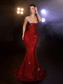 Glamrae Elegante, hermoso y lujoso vestido de sirena con cuentas y lentejuelas en color borgoña con elástico para bodas, eventos, fiestas, bailes de graduación, cenas (trabajo pesado), vestido de fiesta, vestido de invitada de boda, vestido de gala, vestido de noche