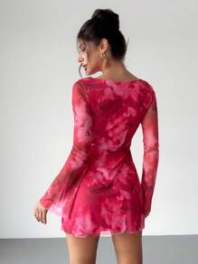 Firerie Váy ngắn thanh lịch gợi cảm cho nữ, cổ thuyền hoa màu đỏ, tay chuông, eo ôm dáng chữ A - Đỏ - Xem 4