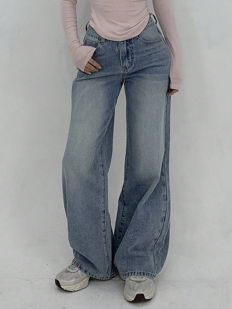 Women's Loose Fit Wide Leg Pockets Casual Jeans, Versatile