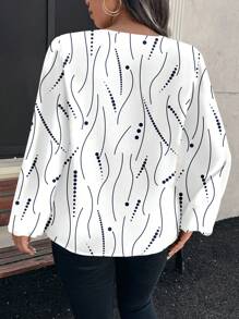 SHEIN Clasi Plus Size Women Art Dotted Pattern Cutout Collar Lantern Sleeve Shirt, Casual And Elegant For Spring And Autumn And Winter Chic Blouses For Women - White - View 2