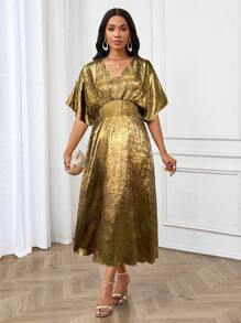 SHEIN Lady Festtagskleid für Geburtstagsfeiern, Hochzeitsgäste/Partys/Festlichkeiten, goldfarbenes einfarbiges A-Linien Kleid mit Fledermausärmeln, Ballkleid, metallisches Kleid, elegante Damenkleider