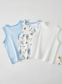 3件套男童休闲可爱宇航员火箭字母印花无袖上衣，适合日常穿着，夏季百搭 - 藍色 - 查看 2