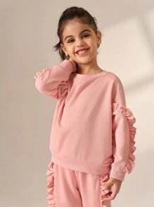 SHEIN Young Girl' Pink Ruffled Trim Sweatshirt, Casual & All-Match, Suitable For Spring And Autumn - Pink - View 5