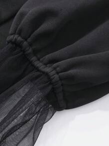 FRIFUL Women's Solid Color V-Neck Lantern Sleeve Mid-Length Mesh Splice Dress,Fall Dress Long Sleeve Dress - Black - View 3