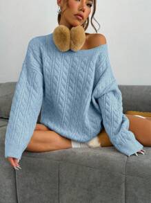 Flirla Pull épais en tricot bleu avec encolure asymétrique, épaules tombantes, style ample et décontracté pour l'hiver et l'automne - Bleu azur - Voir 6