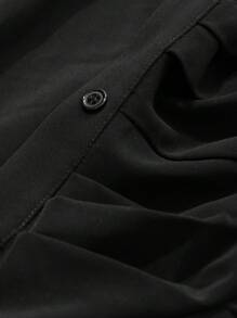 Dazy Petite Plus Vestido midi con cuello en V, unicolor, manga corta y abertura lateral para tallas grandes, color negro, vestido camisa de primavera y verano