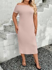 INAWLY Robe longue décontractée à épaules dénudées de couleur unie pour grandes tailles, couleur nude, pour femmes