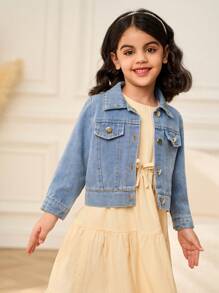 SHEIN 2pcs/Set Young Girl Denim Jacket & Apricot Sleeveless Dress, Casual Fashion Transitional Outfit, Suitable For Spring, Summer, Autumn - Multicolor - View 4