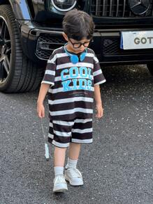 2pcs/Set Young Boys Casual Sports Streetwear Set - Loose Fit Round Neck Short Sleeve T-Shirt And Shorts, Black & Khaki Striped, Suitable For Daily Wear, School, Travel, Sports, Spring/Summer - Multicolor - View 3