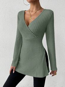 EMERY ROSE Women Casual Solid Color Side Slit T-Shirt, Autumn Fall Cloth For Women - Mint Green - View 6