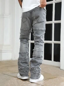 ROMWE MEN Street Life Men's Frayed Hem Patchwork Flare Leg Jeans - Grey - View 2