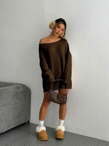 Flirla Dames Casual Losse Havermout Ronde Hals Drop Schouder Dikke Brei Trui Voor Herfst & Winter