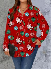 EMERY ROSE 大码女式圣诞老人花环印花休闲长袖翻领纽扣衬衫，适合圣诞派对、秋冬季上衣 - 紅色 - 查看 5