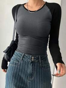 INAWLY 3pcs/Set Women Fashionable Color Block Long Sleeve T-Shirt Set