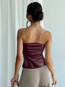 Firerie Women's Red Single-Breasted Fashion Bustier PU Top,Commuter/Sexy/Casual/Versatile/Fashion/Daily Wear