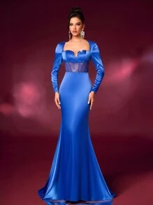 Glamrae Elegantes blaues Partykleid mit V-Ausschnitt, Langarm, Mesh-Front, Pailletten und Fischschwanz-Silhouette, geeignet für Dates, Singles-Partys, Hochzeiten und formelle Anlässe - Königsblau - Übersicht 2