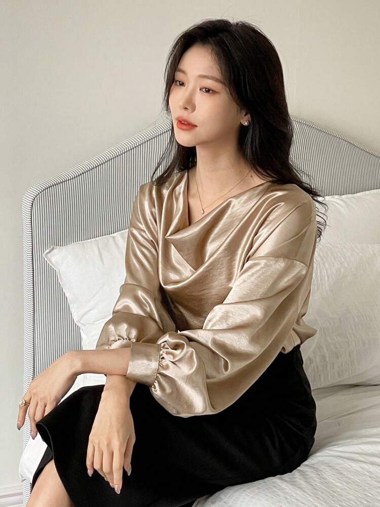 French Style Loose-Collar Satin Long Sleeve Blouse, Elegant Lady Casual Shirt