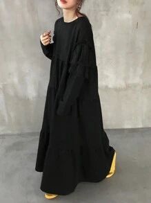 FRIFUL Women's Solid Color Round Neck Ruffle Hem Loose Midi Dress, Elegant,Fall Dress Long Sleeve Dress - Black - View 1
