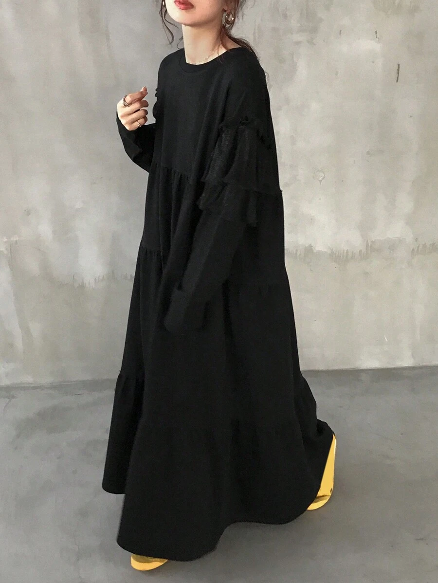 FRIFUL Women's Solid Color Round Neck Ruffle Hem Loose Midi Dress, Elegant,Fall Dress Long Sleeve Dress - Black - View 1