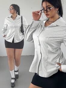 POPSWAY 女式大码条纹简约休闲日常衬衫 - 彩色 - 查看 1