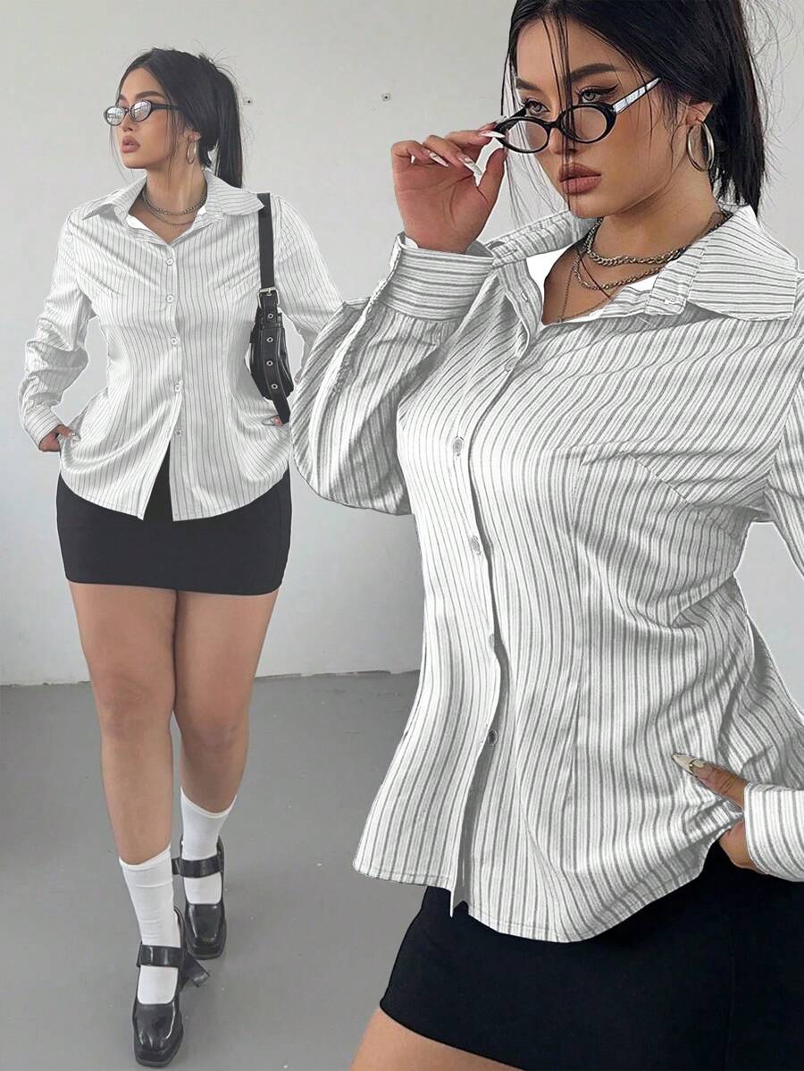 POPSWAY 女式大码条纹简约休闲日常衬衫 - 彩色 - 查看 1