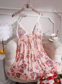 1pc Plus Size Sexy Mesh Printed Lingerie Slip Floral Print Dress