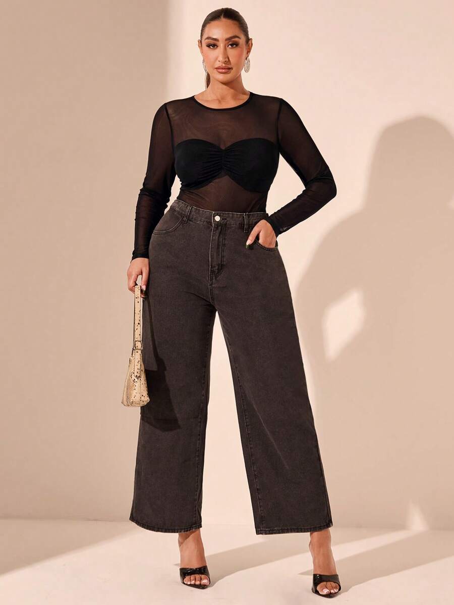 SHEIN BAE 加大码性感网眼透视紧身衣，优雅正式紧身衣，适合情人节、夏季、生日、各种场合、日常穿着、通勤 - 黑色 - 查看 1