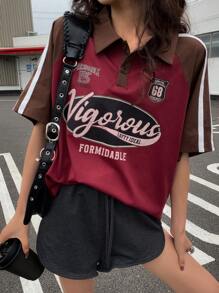 DAZY Camiseta polo de manga corta con bloqueo de color y estampado de letras, camiseta gráfica de estilo callejero retro para mujeres