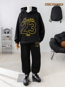 SHEIN Teen Boys 2pcs Athletic Casual Comfortable Versatile Warm Letter Print Hooded Sweatshirt & Sweatpants Set Back To School Clothes Fall Outfits