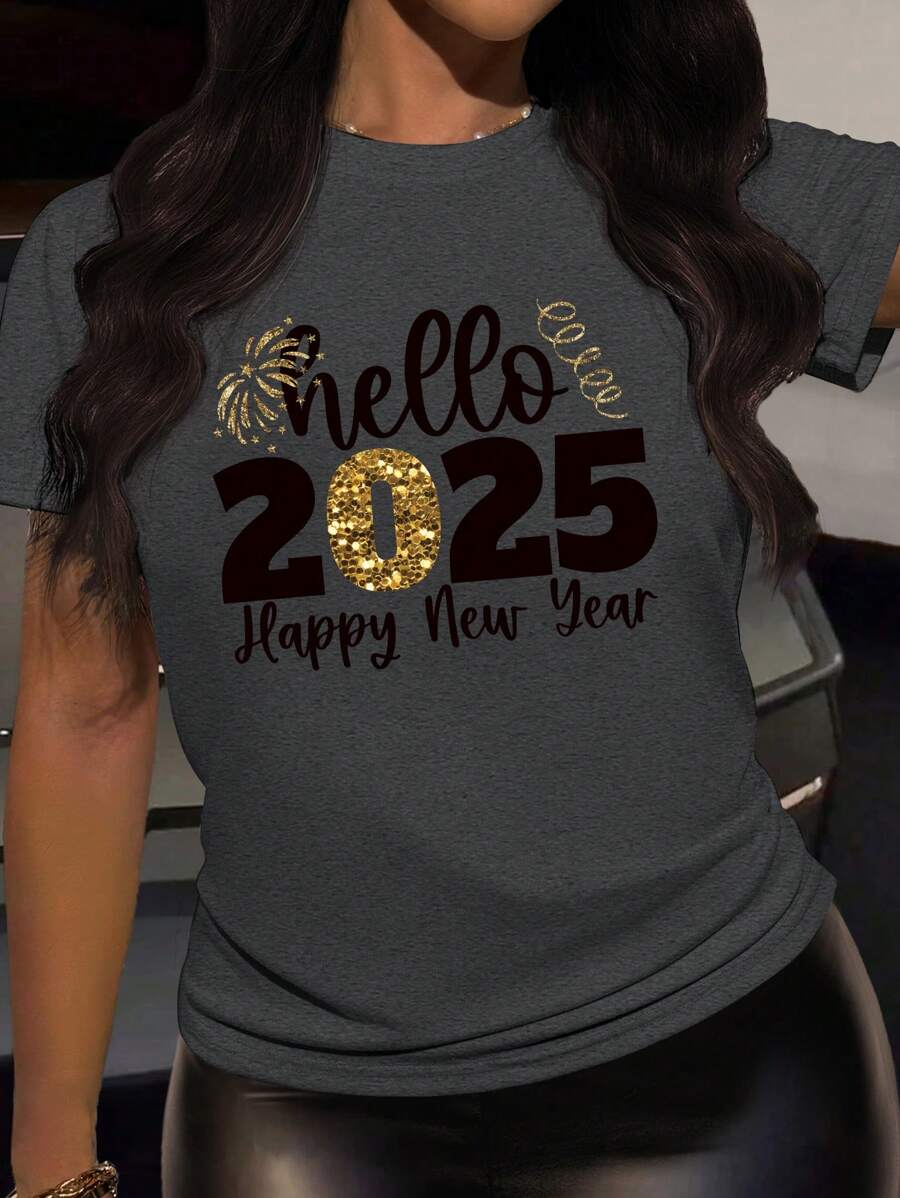 SHEIN Slayr Plus Size Women Summer 2 Pieces Yellow Shiny Sequin "Hello 2025" Graphic Print Casual Tee Top, For New Year Eve - Dark Grey - View 1