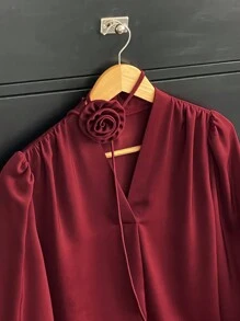 DAZY 复古法式优雅缎面玫瑰花朵系带细节长袖女式衬衫 - 酒紅色 - 查看 8