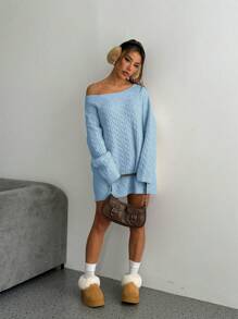 Flirla Pull épais en tricot bleu avec encolure asymétrique, épaules tombantes, style ample et décontracté pour l'hiver et l'automne - Bleu azur - Voir 5