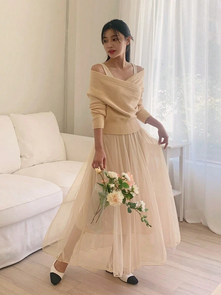 2pcs/Set Women Off-Shoulder Solid Color Long Batwing Sleeve Sweater And Sleeveless Mesh Spliced Dress, Autumn/Winter