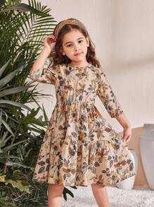 SHEIN Young Girl Vintage Ditsy Floral Print Loose Casual Round Neck 3/4 Sleeve A-Line Midi Dress, Matching Family Vacation, National Style Vintage Rose Ditsy Floral, Spring/Summer, National Style, Casual, Vintage, Mom And Daughter & Sisters Matching.For Vacation.